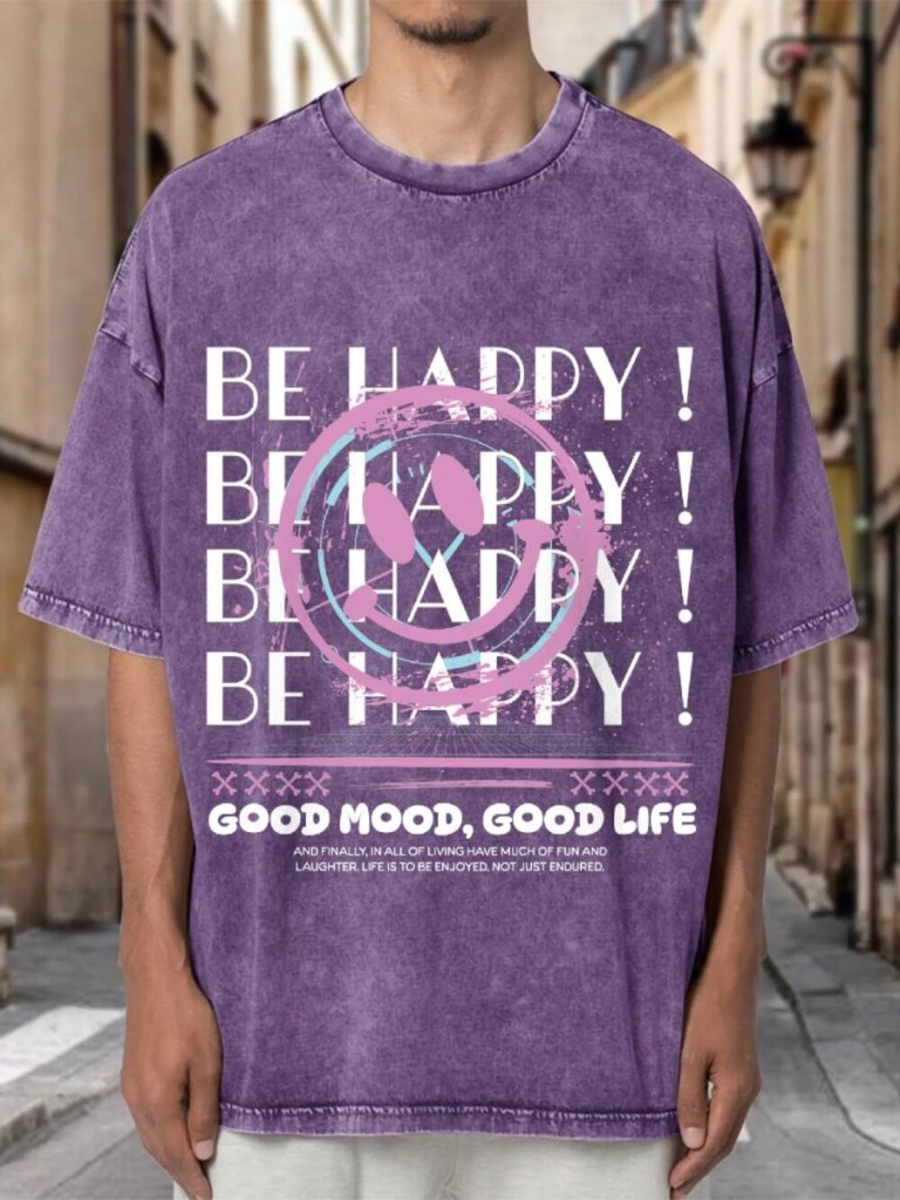 Be Happy Good Mood Good Life Purple Mineral Wash Oversized Tee A56LHZVSZJ04